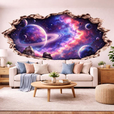 Torn wall opening effect revealing a colorful purple and blue galaxy with a large ringed planet and smaller moons.