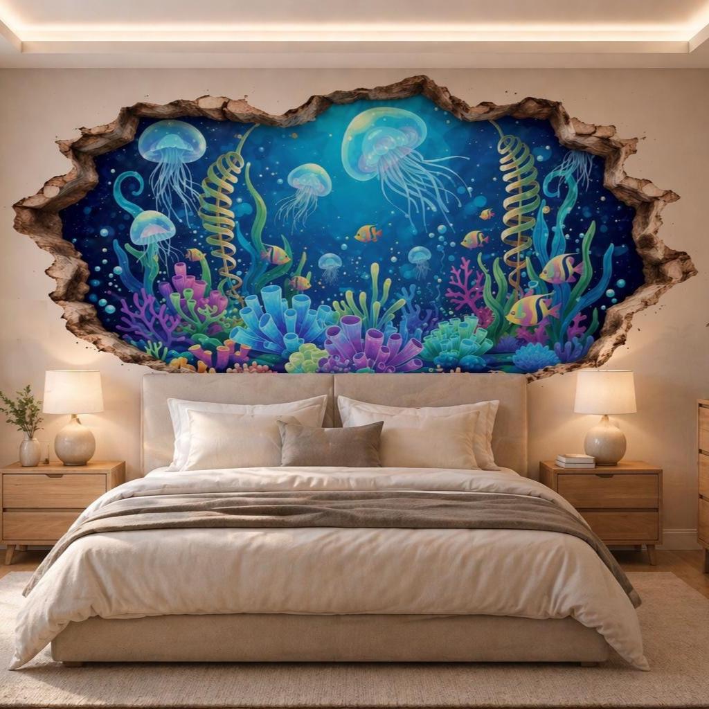 Wall sticker artwork featuring jellyfish, tropical fish and colorful coral behind a cracked wall opening