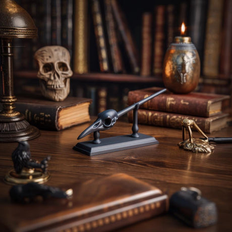 3D printed raven skull wand design two featuring a smooth bird skull tip, elongated beak and stand