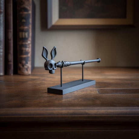 3D printed rabbit skull magic wand featuring a rabbit skull tip, tall ear forms and textured shaft