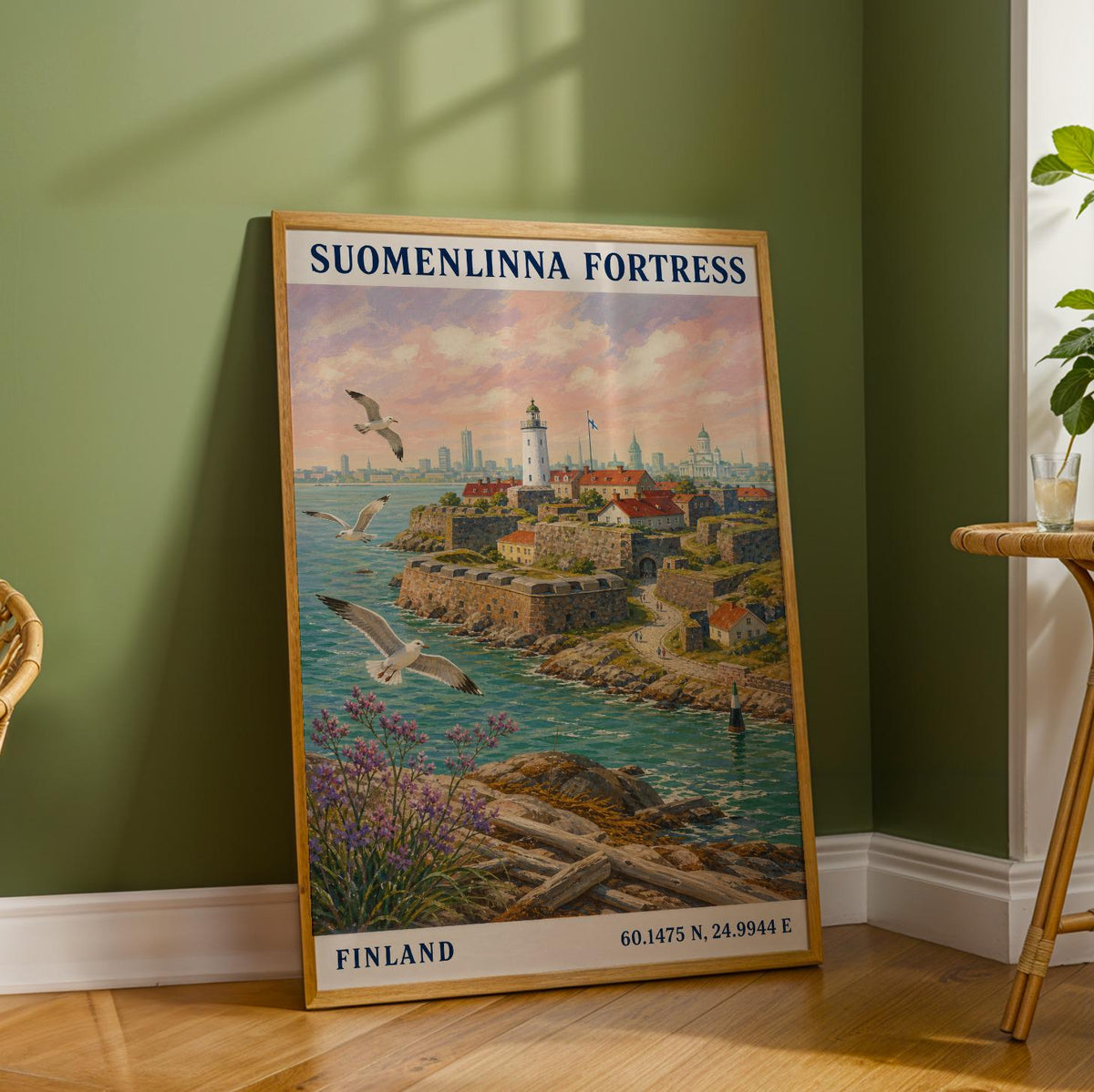 Suomenlinna Fortress Art Print depicted in a illustrated wall poster