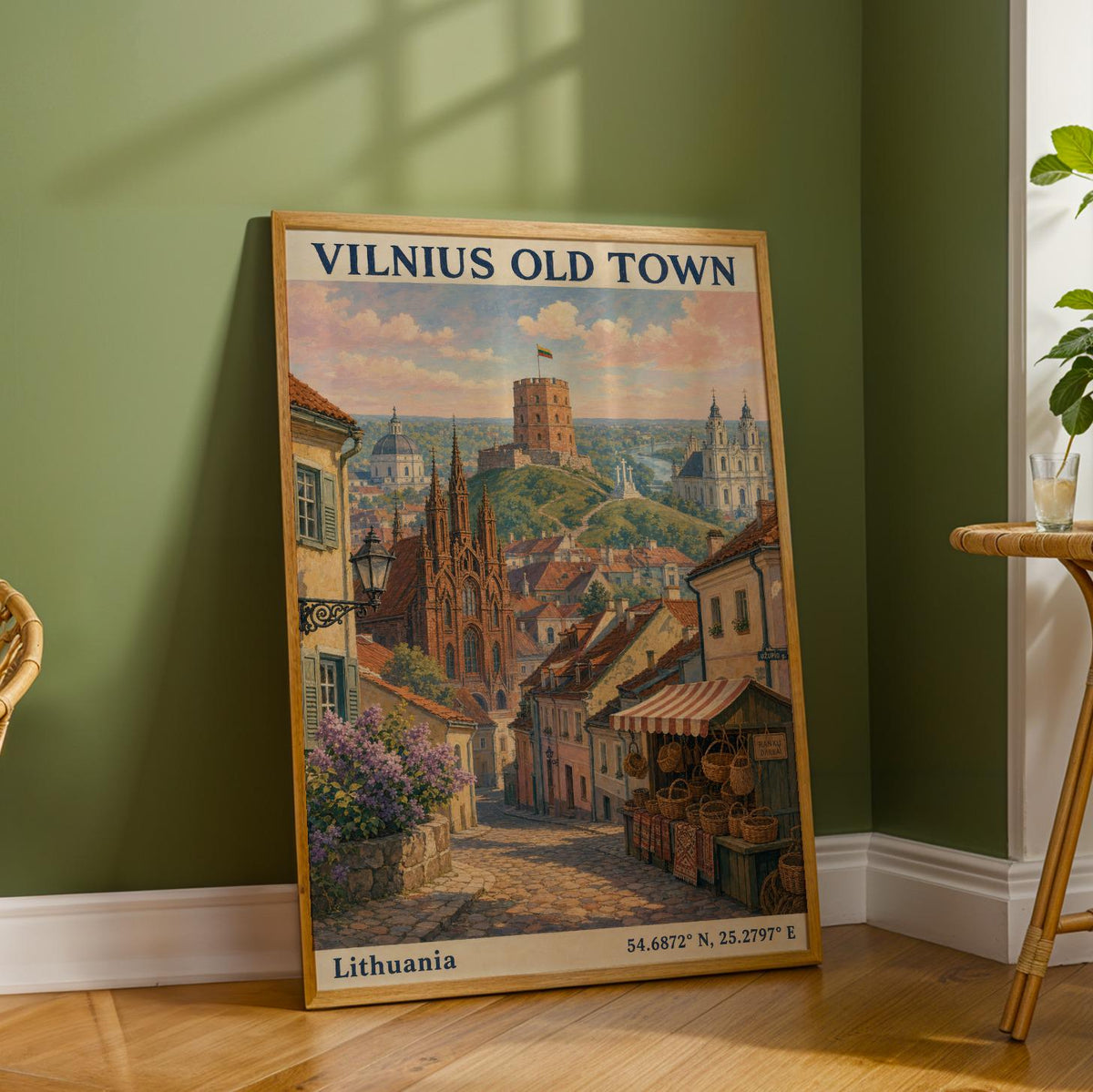 Vilnius Old Town Art Print depicted in a illustrated wall poster
