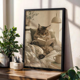 Decorative wall art showing Maine Coon Cat Reading in Bed rendered in Scandinavian Gouache style