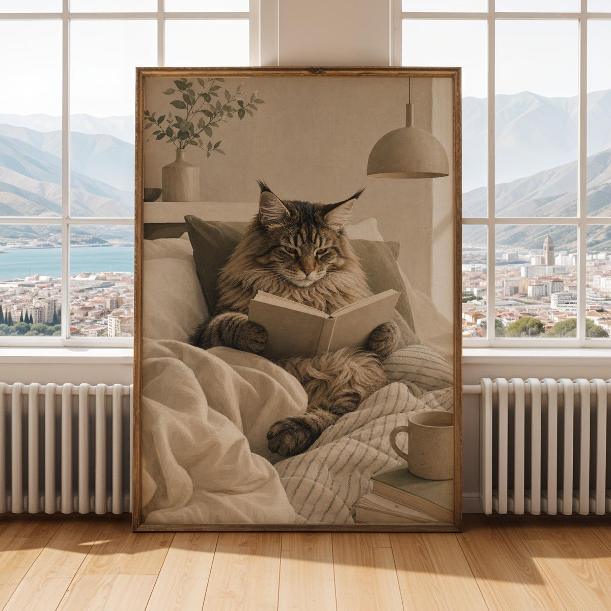 Maine Coon Cat Reading in Bed portrayed in a Scandinavian Gouache paper poster design