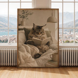 Maine Coon Cat Reading in Bed portrayed in a Scandinavian Gouache paper poster design