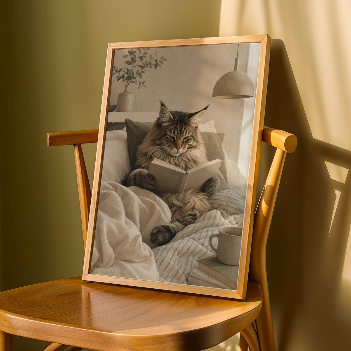 Printed wall art of Maine Coon Cat Reading in Bed with Scandinavian Gouache illustration