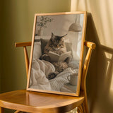 Printed wall art of Maine Coon Cat Reading in Bed with Scandinavian Gouache illustration