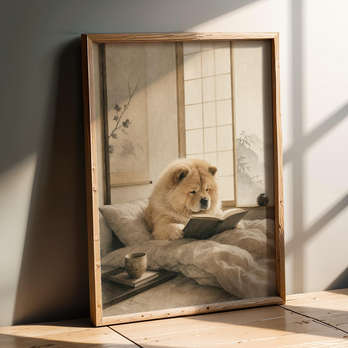 Wall art poster design with Chow Chow Reading in Bed in Zen Ink Wash style
