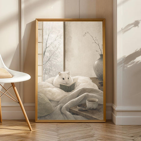 Winter White Hamster Reading in Bed illustrated in Japanese Zen Sumi-e style on a poster