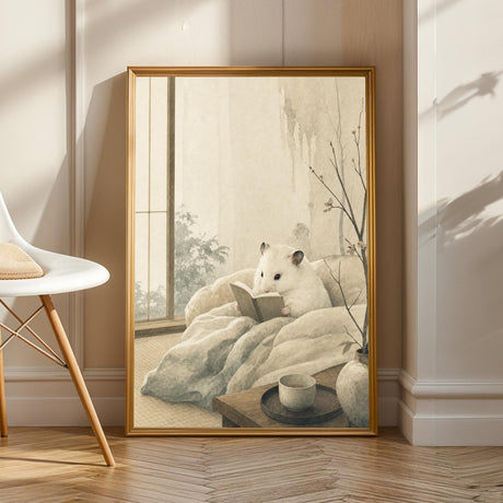 White Syrian Hamster Reading in Bed illustrated in Japanese Zen Sumi-e style on a poster