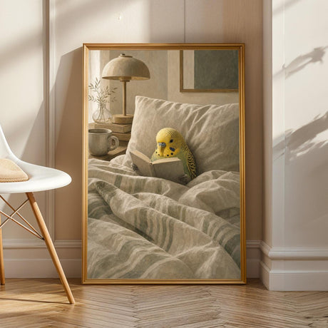 Yellowface Budgerigar Reading in Bed in a modern gouache poster illustration