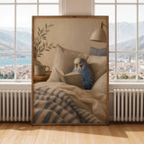 Print illustration of Cobalt Blue Budgerigar Reading in Bed with modern gouache artwork