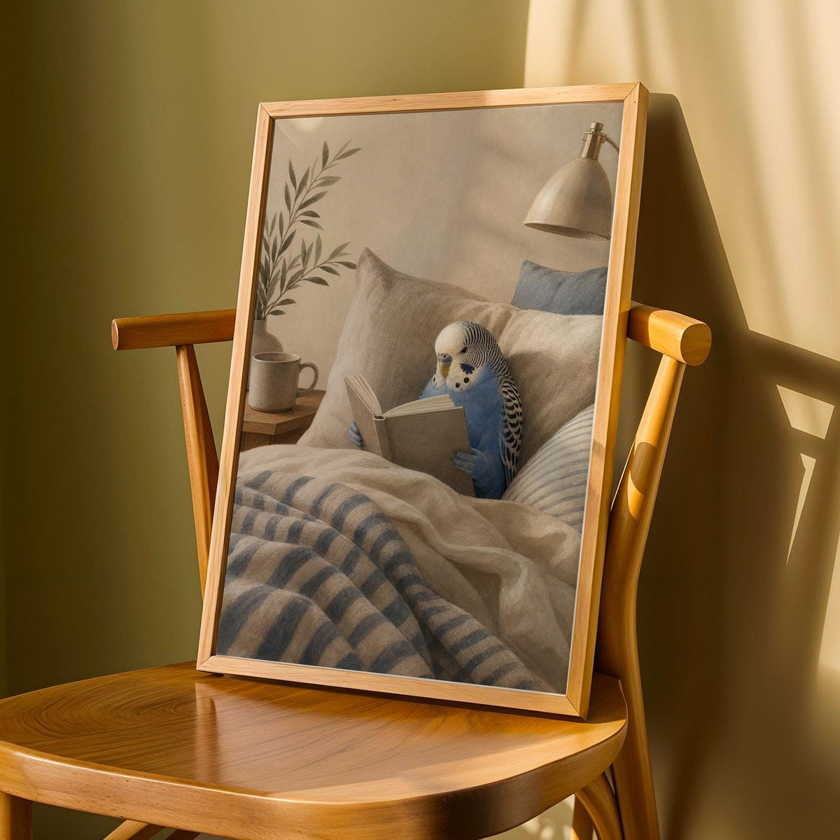 Cobalt Blue Budgerigar Reading in Bed depicted in a modern gouache art poster