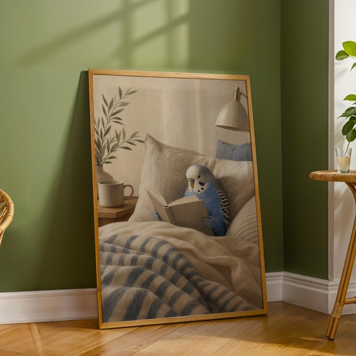 Wall art poster of Cobalt Blue Budgerigar Reading in Bed in modern gouache painted style