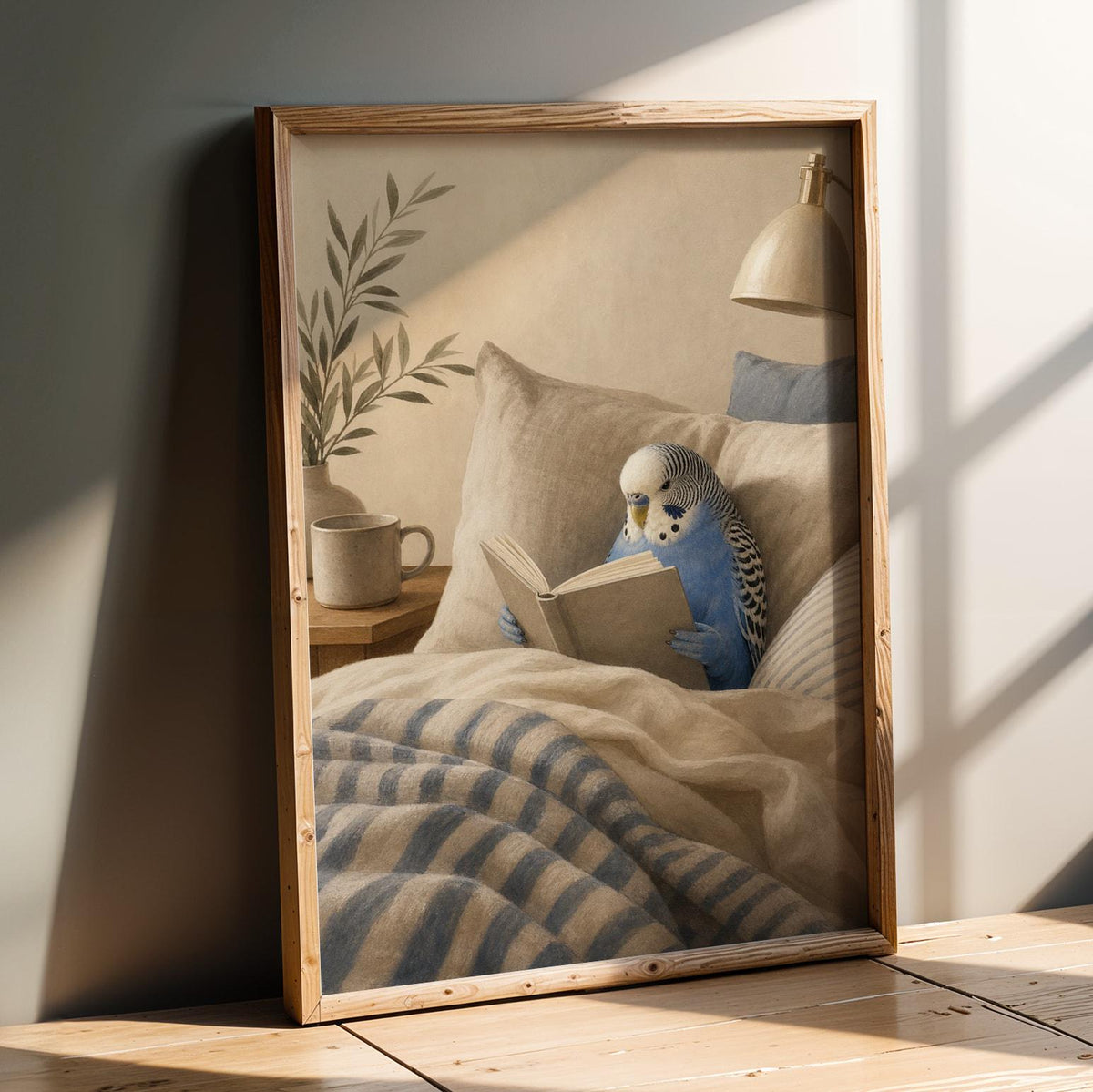 Artwork portraying Cobalt Blue Budgerigar Reading in Bed in a modern gouache composition