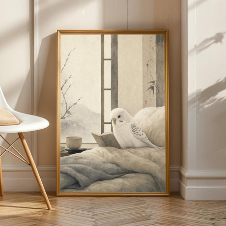 White Budgerigar Reading in Bed in a japanese zen sumi-e poster illustration