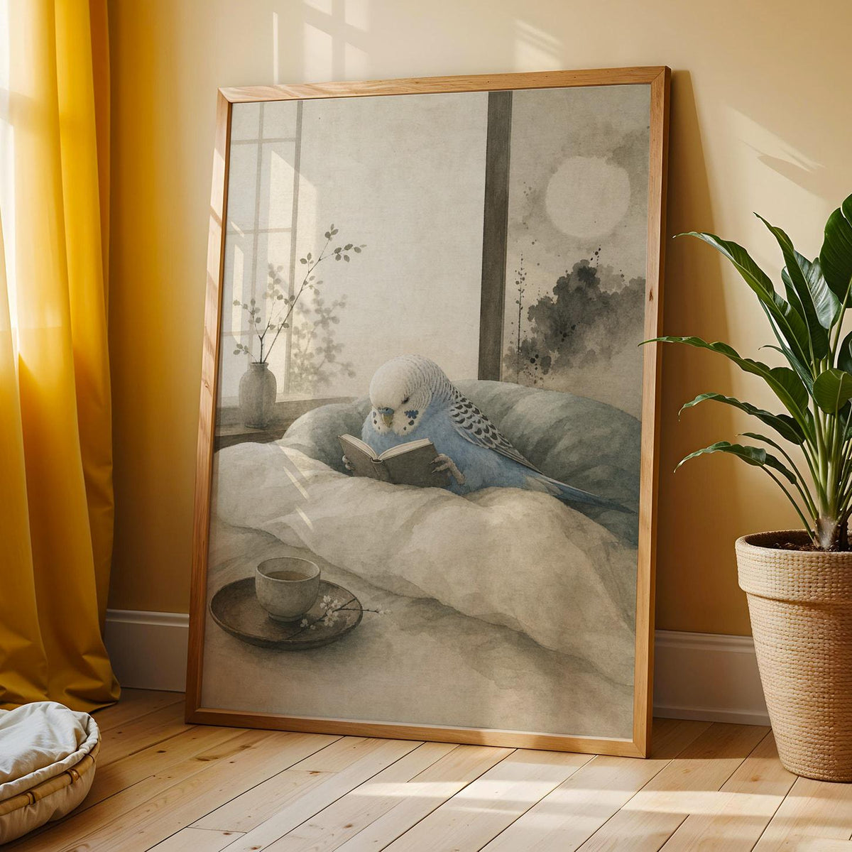 Sky Blue Budgerigar Reading in Bed shown in a japanese zen ink wash wall art print