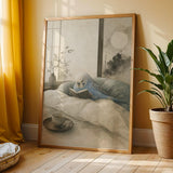 Sky Blue Budgerigar Reading in Bed shown in a japanese zen ink wash wall art print