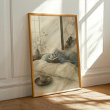 Sky Blue Budgerigar Reading in Bed illustration for a japanese zen ink wash paper poster