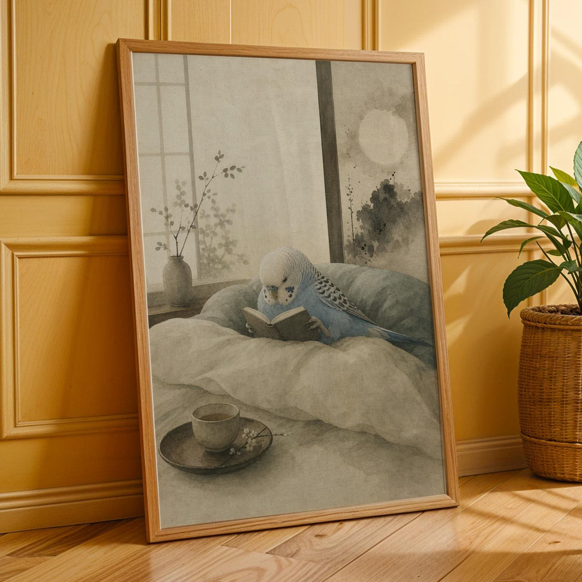 Poster print featuring Sky Blue Budgerigar Reading in Bed with japanese zen ink wash detailing