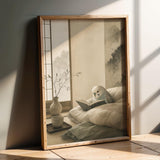 Artwork portraying English Budgerigar Reading in Bed in a japanese zen ink wash composition