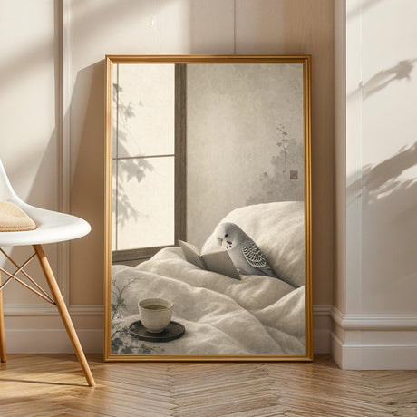 Silver Budgerigar Reading in Bed illustrated in Japanese Zen Sumi-e style on a poster