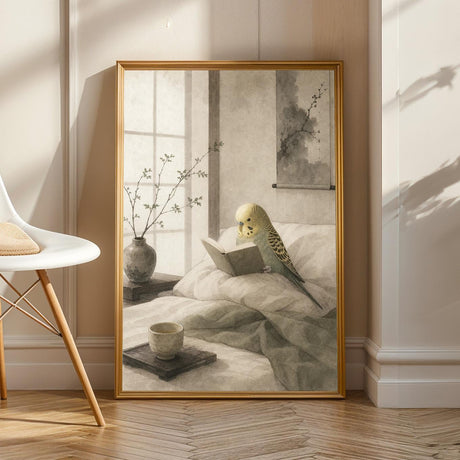Yellowface Budgerigar Reading in Bed illustrated in Japanese Zen Sumi-e style on a poster