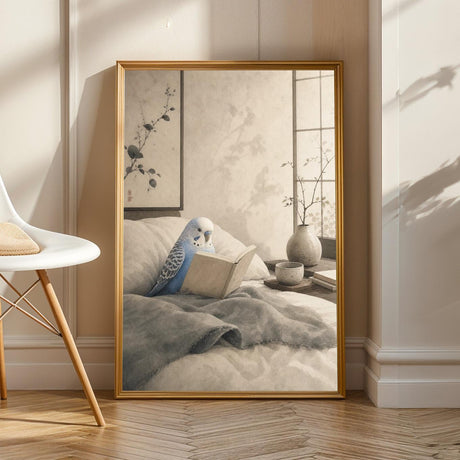 Pastel Blue Budgerigar Reading in Bed illustrated in Japanese Zen Sumi-e style on a poster