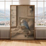 Decorative poster design featuring Light Blue Budgerigar Reading in Bed in japanese zen watercolor style