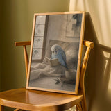 Print illustration of Light Blue Budgerigar Reading in Bed with japanese zen watercolor artwork