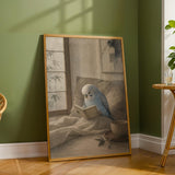 Light Blue Budgerigar Reading in Bed depicted in a japanese zen watercolor art poster