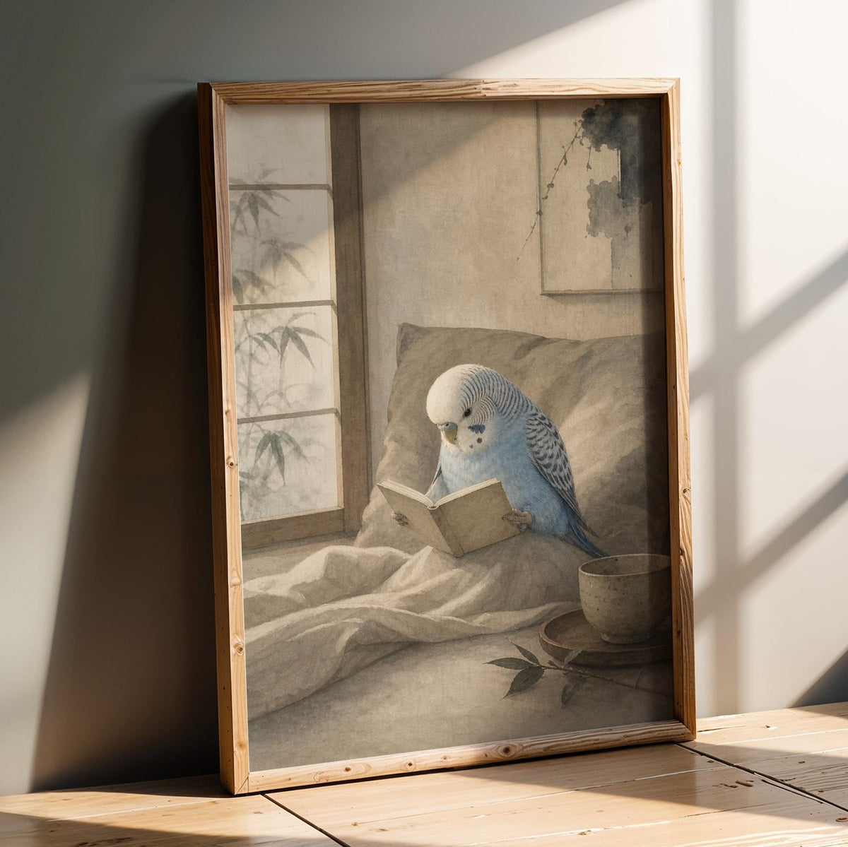 Wall art poster of Light Blue Budgerigar Reading in Bed in japanese zen watercolor painted style