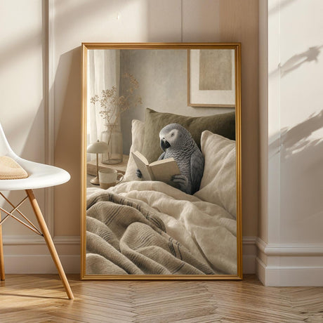 African Grey Parrot Reading in Bed illustrated in Modern Soft Gouache style on a poster