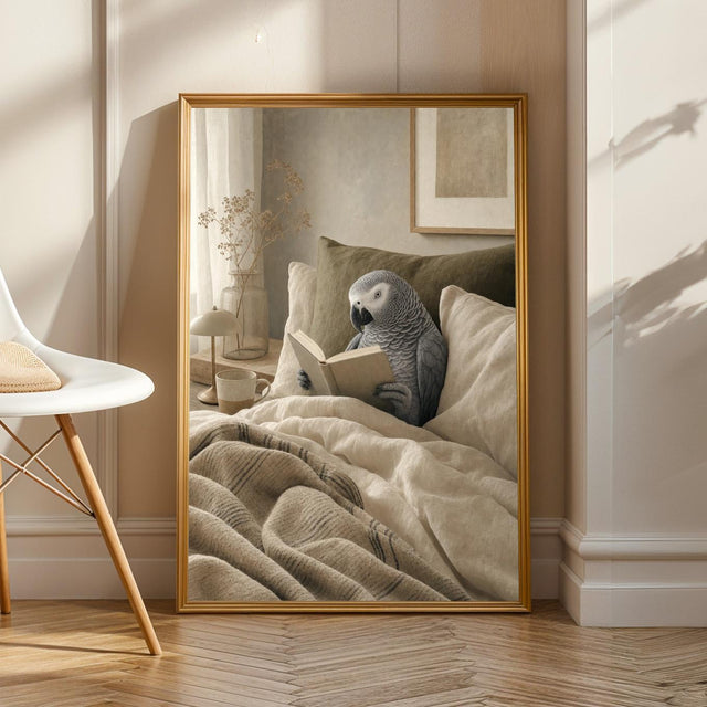 African Grey Parrot Reading in Bed illustrated in Modern Soft Gouache style on a poster