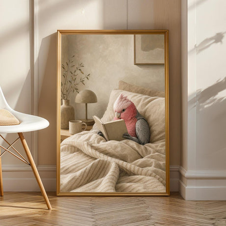 Galah Parrot Reading in Bed illustrated in Modern Gouache style on a poster