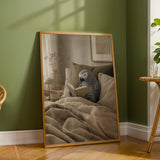 Modern Soft Gouache artwork featuring African Grey Parrot Reading in Bed