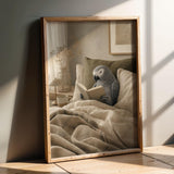Wall art poster design with African Grey Parrot Reading in Bed in Modern Soft Gouache style