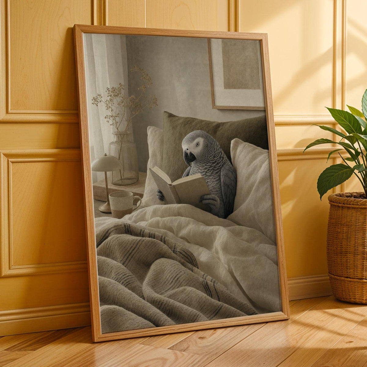 Poster of African Grey Parrot Reading in Bed featuring Modern Soft Gouache artistic treatment