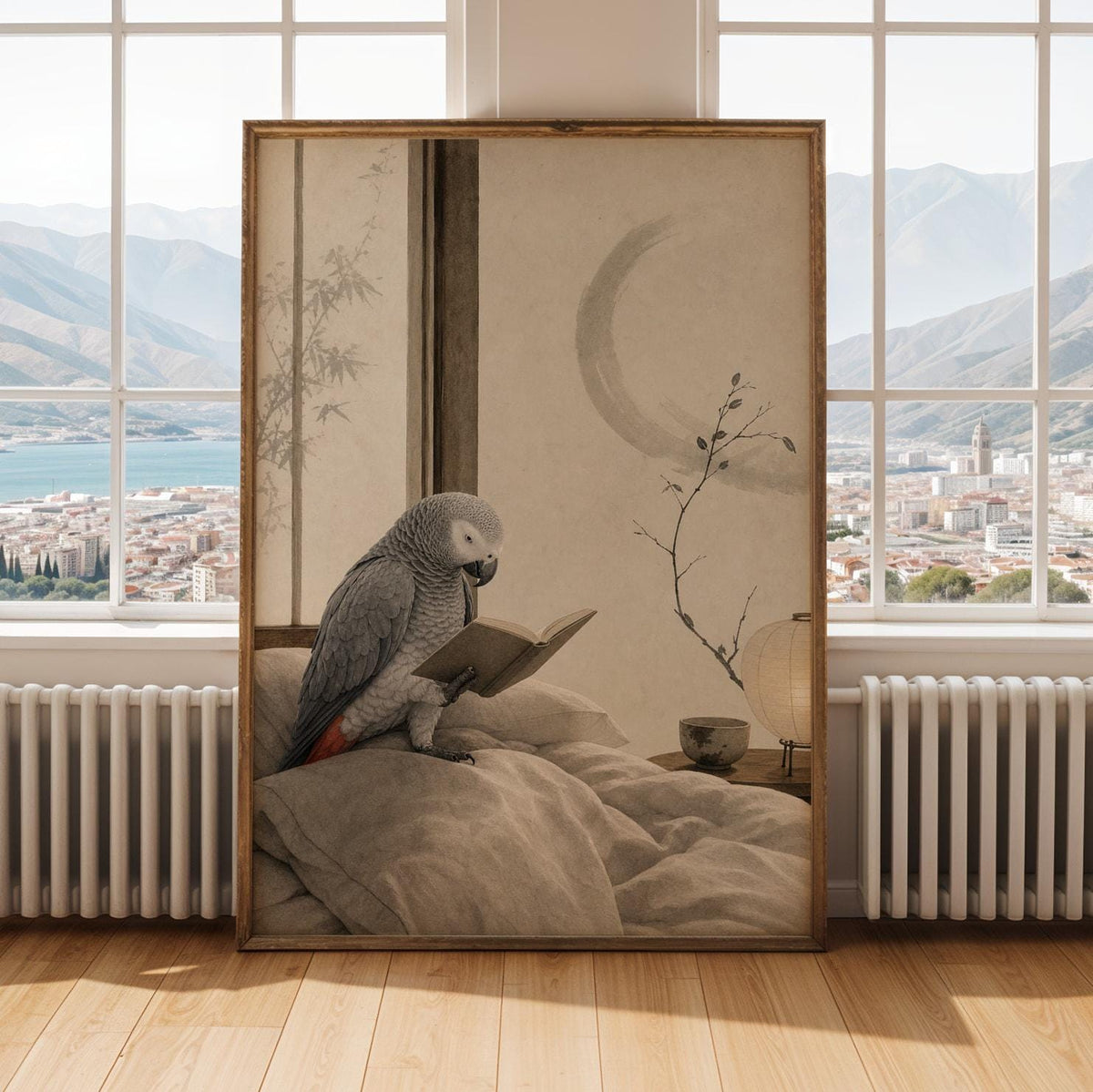 Print illustration of African Grey Parrot Reading in Bed with japanese zen ink wash artwork