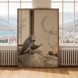 Print illustration of African Grey Parrot Reading in Bed with japanese zen ink wash artwork