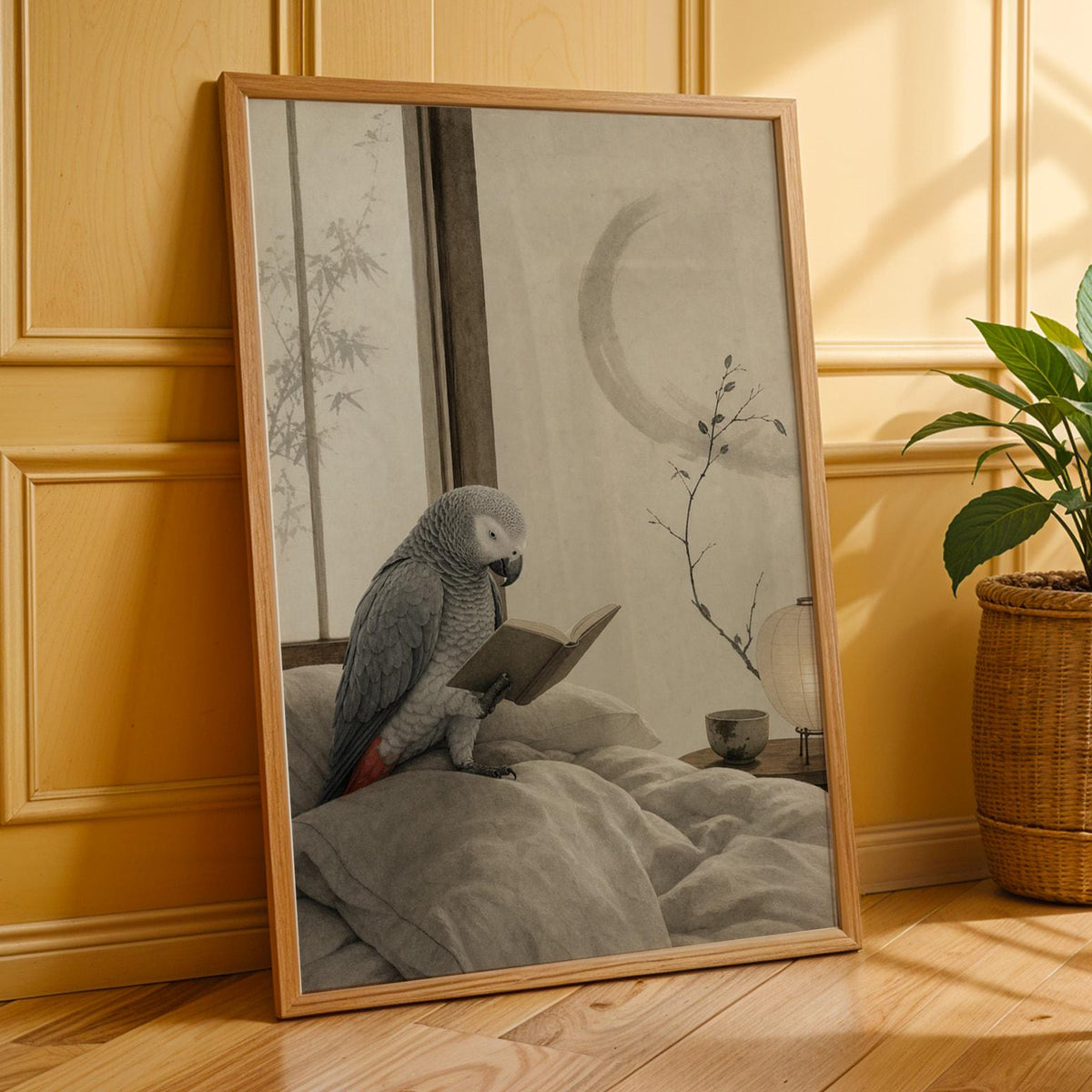 Poster print featuring African Grey Parrot Reading in Bed with japanese zen ink wash detailing