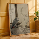 Poster print featuring African Grey Parrot Reading in Bed with japanese zen ink wash detailing