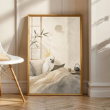White Cockatoo Reading in Bed illustrated in Japanese Zen Ink Wash style on a poster