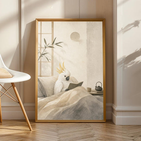 White Cockatoo Reading in Bed illustrated in Japanese Zen Ink Wash style on a poster