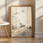 White Cockatoo Reading in Bed illustrated in Japanese Zen Ink Wash style on a poster