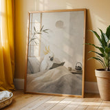 Poster illustration depicting White Cockatoo Reading in Bed with Japanese Zen Ink Wash details