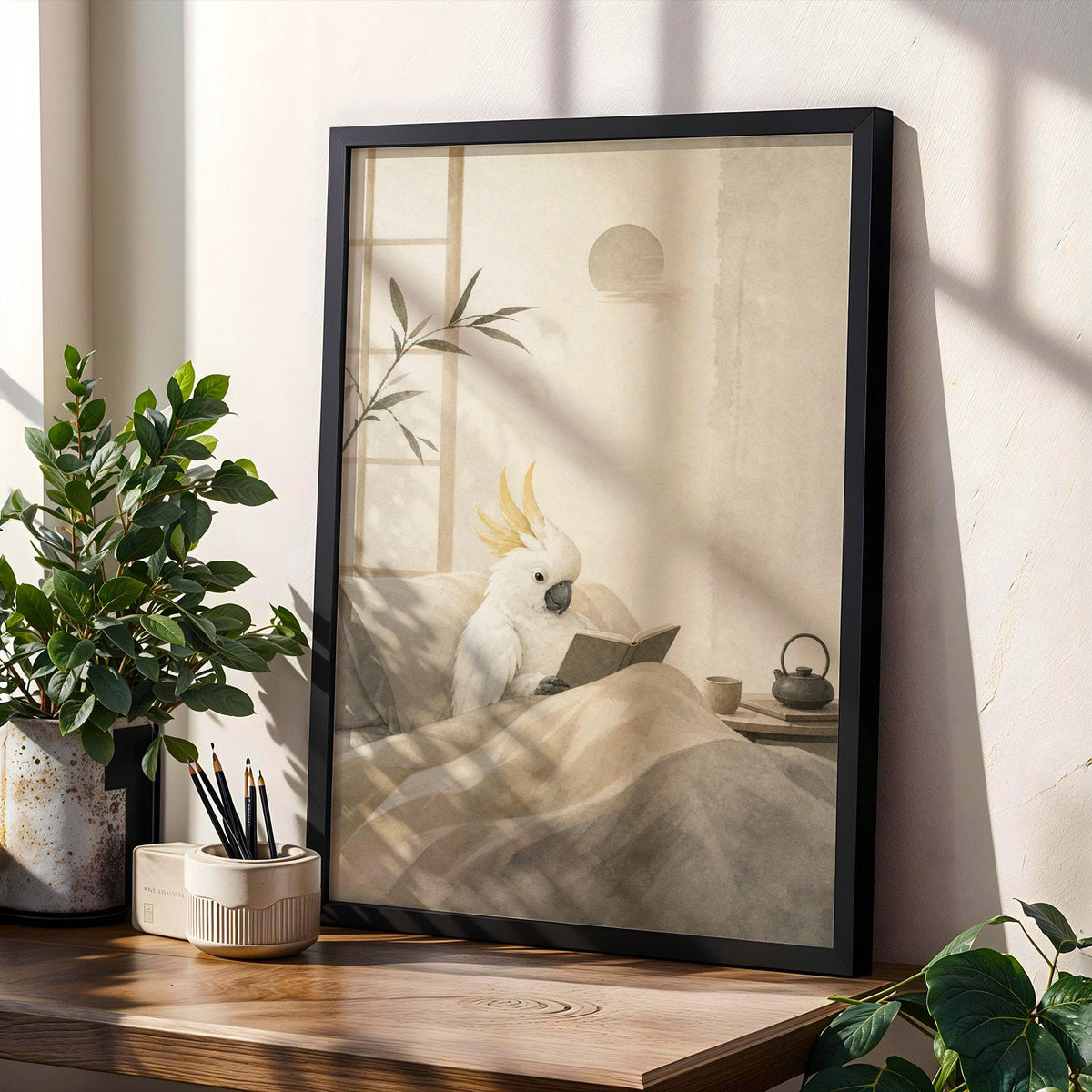 Decorative wall art showing White Cockatoo Reading in Bed rendered in Japanese Zen Ink Wash style