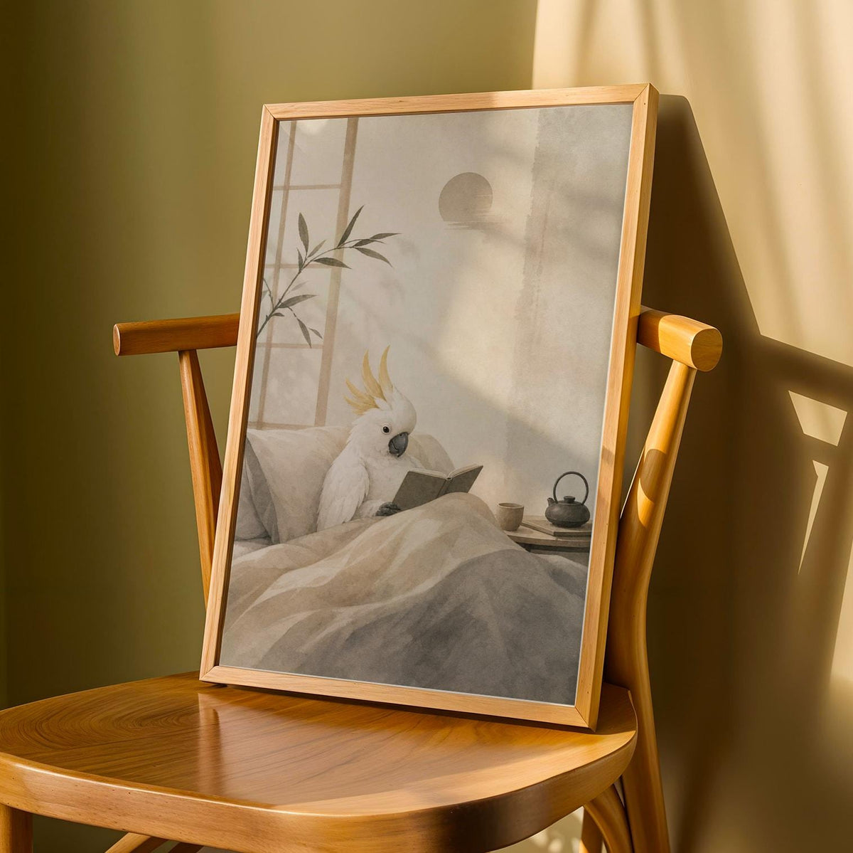 Printed wall art of White Cockatoo Reading in Bed with Japanese Zen Ink Wash illustration