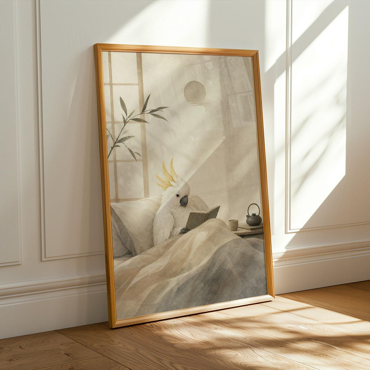 Illustration of White Cockatoo Reading in Bed in a Japanese Zen Ink Wash art print