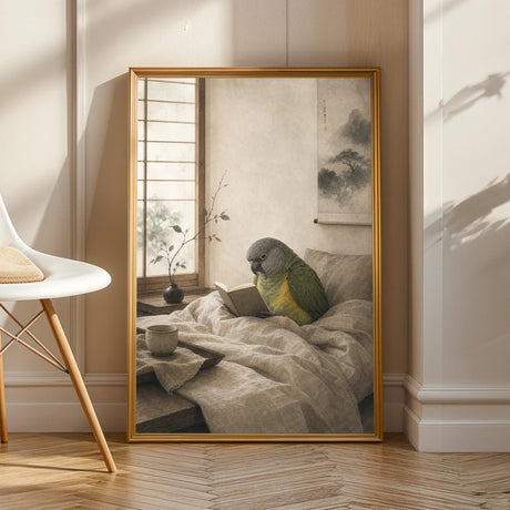 Senegal Parrot Reading in Bed illustrated in Japanese Zen Ink Wash style on a poster